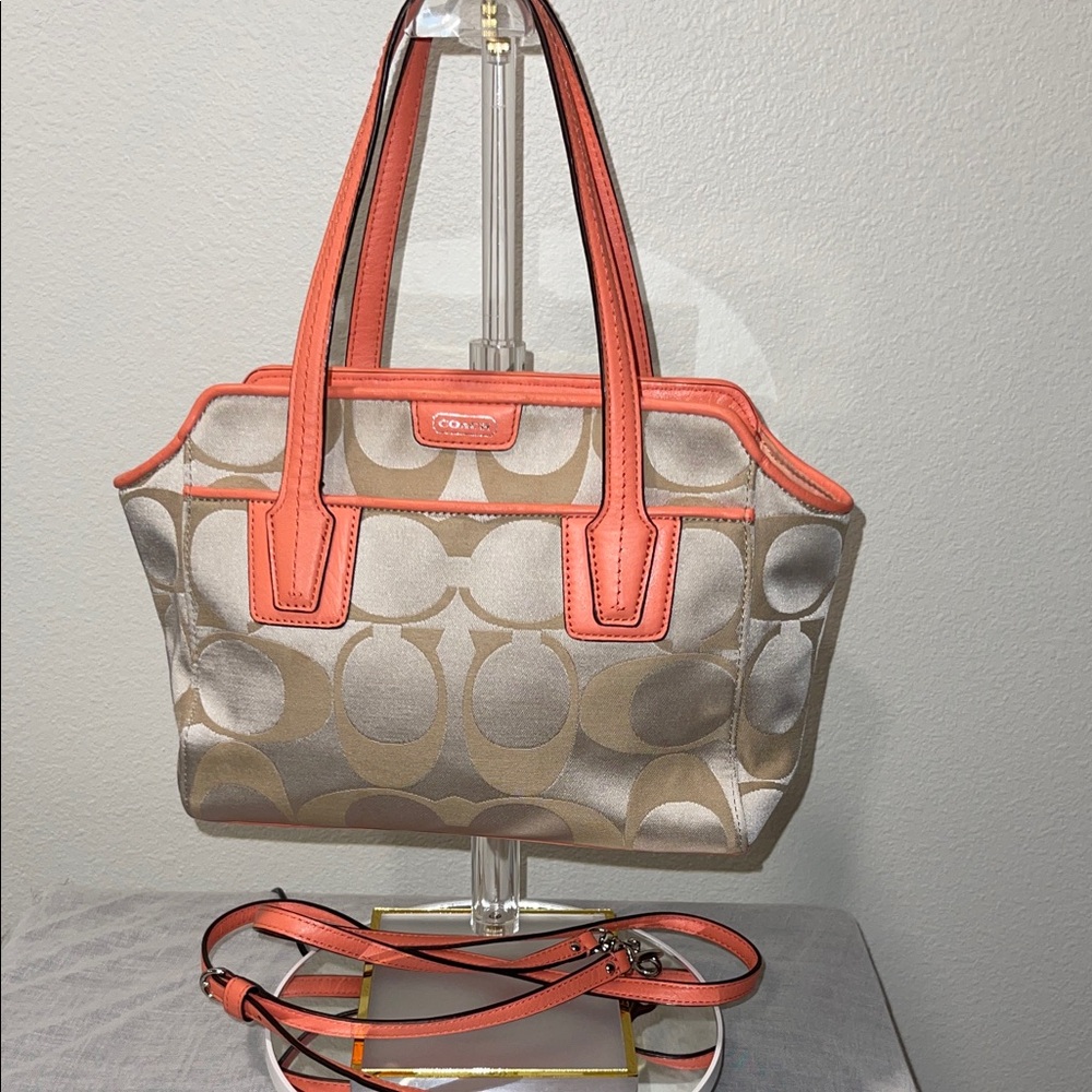 Coach Beige Signature Tote with Coral Trim
